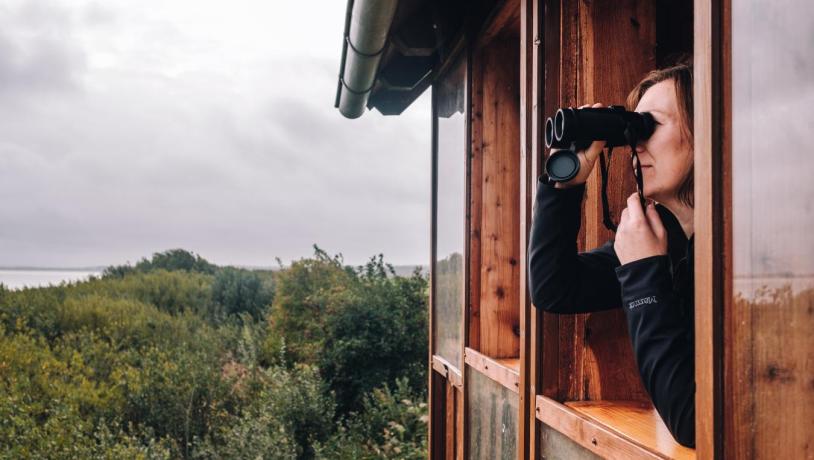 Kvinder kigger i kikkert ud over filsø ved vesterhavet 